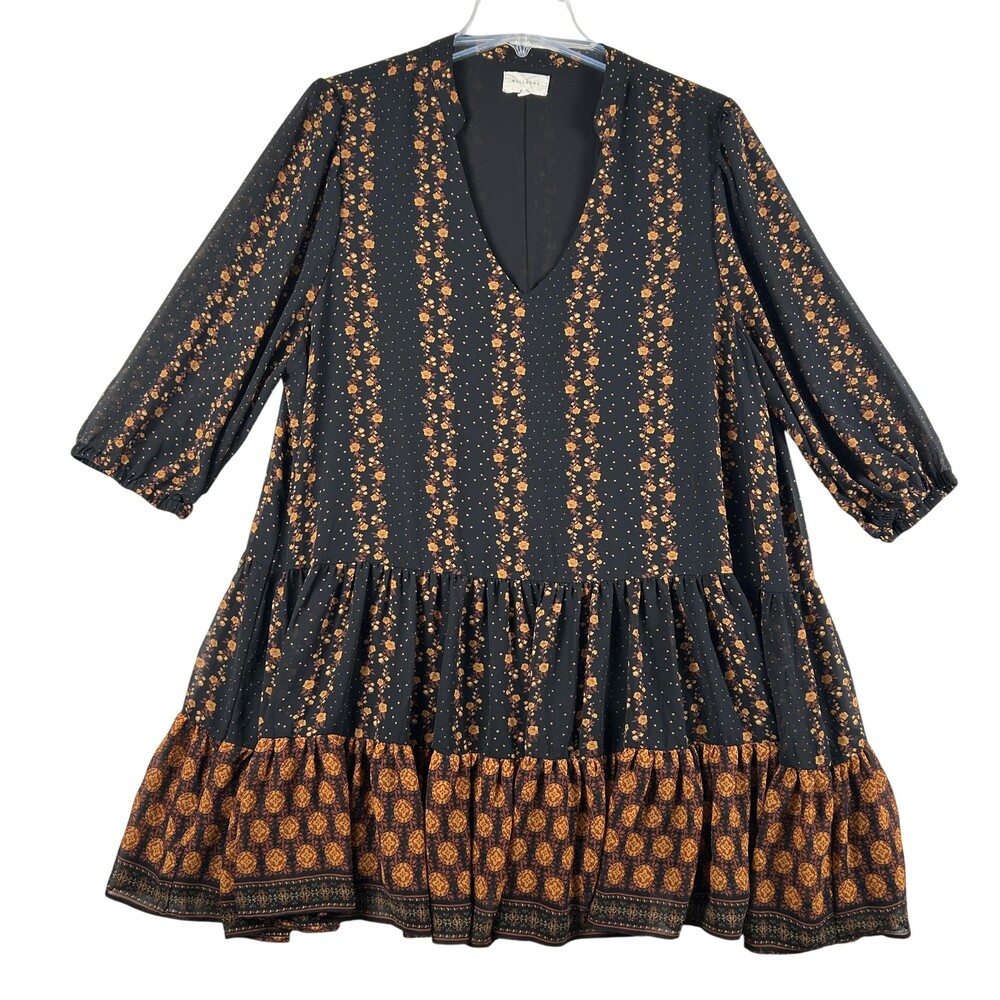Melloday Dress Womens 1X Black Floral Boho Swing Ruffle Hem Lined V-Neck